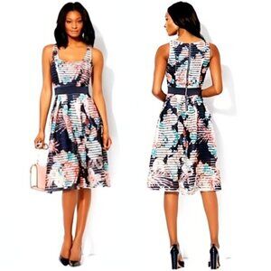 NY & Co Sleeveless Stretch Floral Print Mesh Tea Length Fit & Flare A-Line Dress